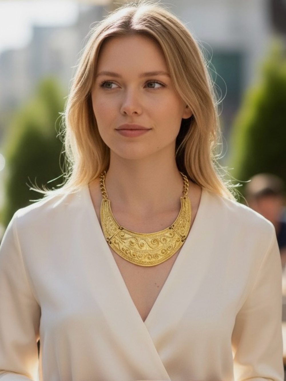 Antique Hand Crafted Crescent-Shaped Gold Ornate Hammered Statement Bib-Necklace